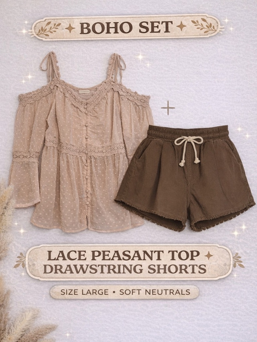 Neutral Boho Set Lace Chiffon Peasant Top + Mustard Seed Shorts L